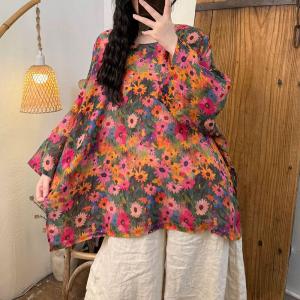 Bat Sleeves Comfy Ramie Printed Blouse