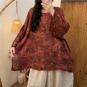 Bat Sleeves Comfy Ramie Printed Blouse