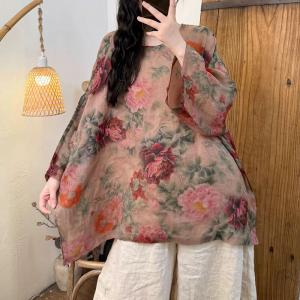 Bat Sleeves Comfy Ramie Printed Blouse