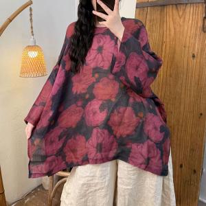 Bat Sleeves Comfy Ramie Printed Blouse