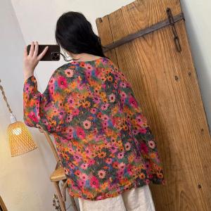 Bat Sleeves Comfy Ramie Printed Blouse