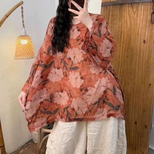 Bat Sleeves Comfy Ramie Printed Blouse