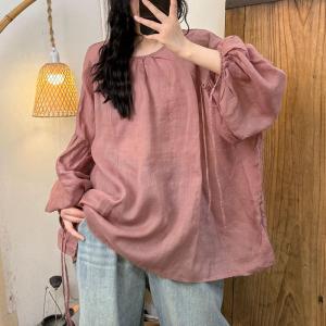 Solid Colors Puff Sleeves Ramie Tied Blouse