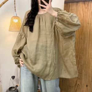 Solid Colors Puff Sleeves Ramie Tied Blouse