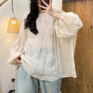 Solid Colors Puff Sleeves Ramie Tied Blouse