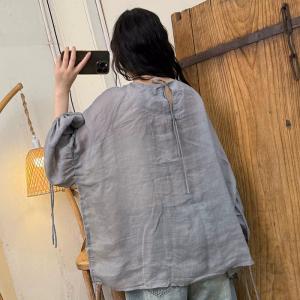 Solid Colors Puff Sleeves Ramie Tied Blouse