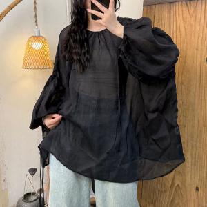 Solid Colors Puff Sleeves Ramie Tied Blouse