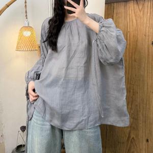 Solid Colors Puff Sleeves Ramie Tied Blouse