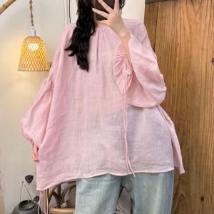 Solid Colors Puff Sleeves Ramie Tied Blouse