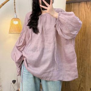 Solid Colors Puff Sleeves Ramie Tied Blouse