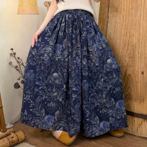 Flowers Patterns Blue Tencel Linen Maxi Skirt