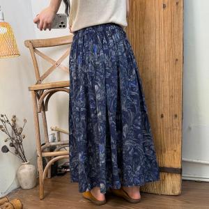 Flowers Patterns Blue Tencel Linen Maxi Skirt