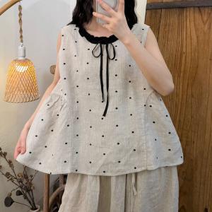 Lace Collar Linen Polka Dot Vest