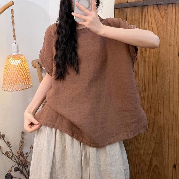 Casual 100% Linen Short Sleeve Round Neck Solid Color Dark Orange Beige Gray Black Purple Green Grapefruit Pink comfy tropical hawaiian travel conservative cottagecore rustic slouchy lazy day picnic granola
