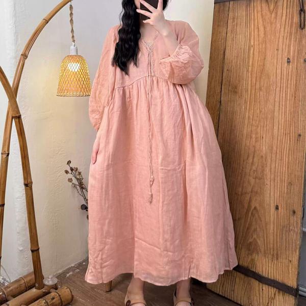Casual 100% Ramie 3/4 Sleeve V-Neck Solid Color Pink White Lavender Apricot Crystal comfy tropical hawaiian resort travel plus size