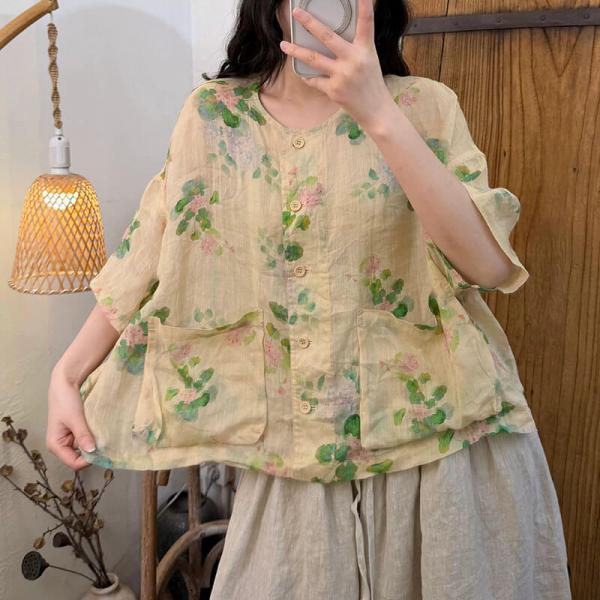 Elegant 100% Ramie 3/4 Sleeve Round Neck Printed Yellow White comfy bohemian tropical hawaiian oversized travel