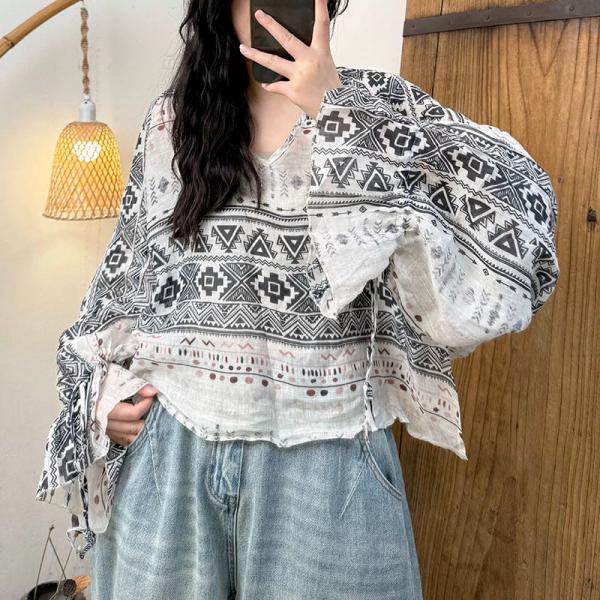 Bohemian 100% Ramie Long Sleeve V-Neck Printed White Blue Ginger comfy tropical hawaiian resort travel rustic plus size lazy day