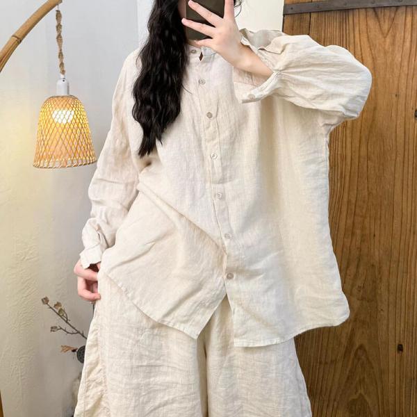 Casual 100% Linen Long Sleeve Stand Collar Solid Color Cream Thistle Beige White Dark Gray Yellow Camel Pink Apricot comfy hawaiian cottagecore rustic oversized travel resort