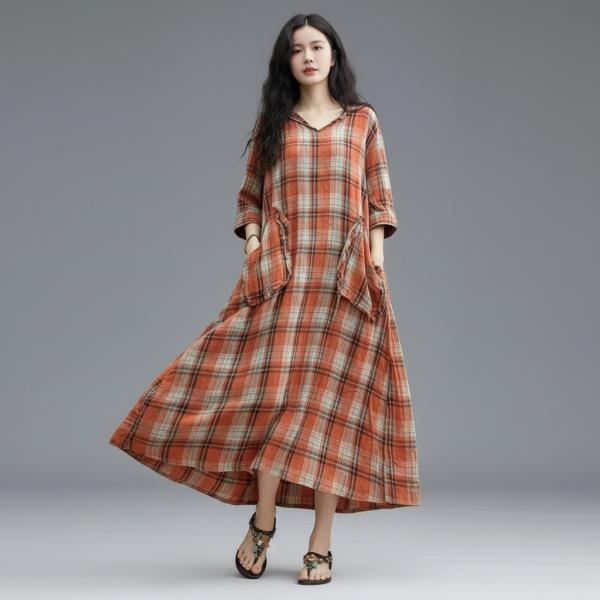 Casual 45% Cotton+55% Linen Half Sleeve Hooded Plaid Orange comfy tropical hawaiian oversized slouchy lazy day travel resort