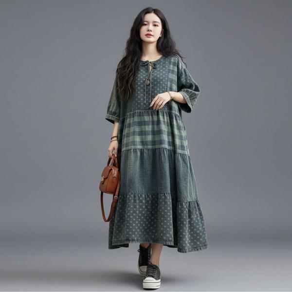 Casual 100% Cotton Half Sleeve Round Neck Printed Denim Blue comfy western earthy tropical oversized lazy day resort travel