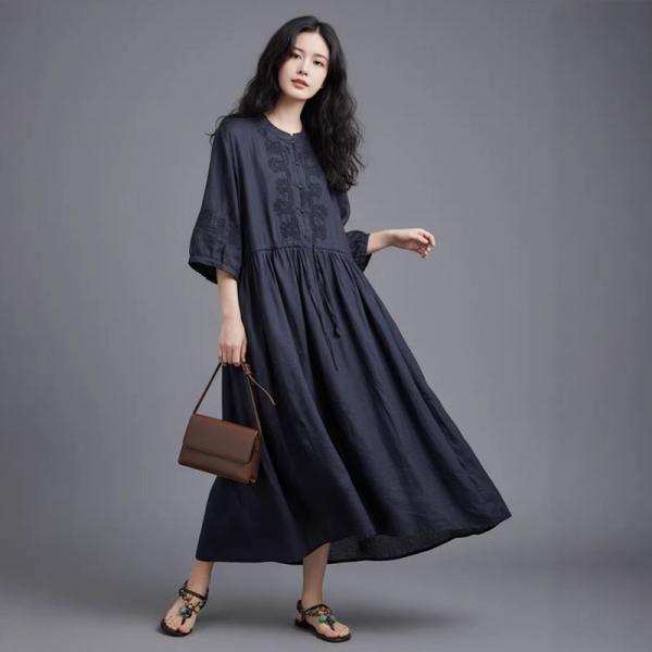 Bohemian 100% Ramie Half Sleeve Round Neck Solid Color Navy Blue White Apricot comfy western oversized travel resort tropical hawaiian