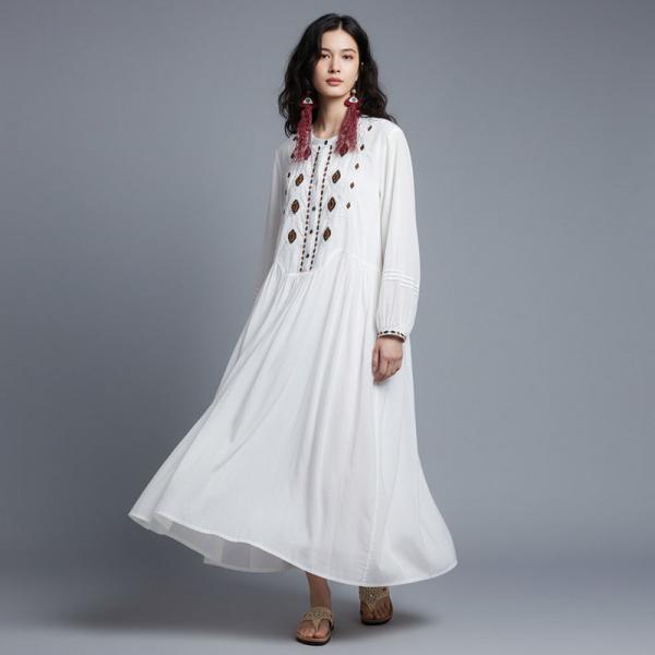 Bohemian Tencel 3/4 Sleeve Round Neck Solid Color White comfy muslim beach travel winery resort hawaiian tropical oversized