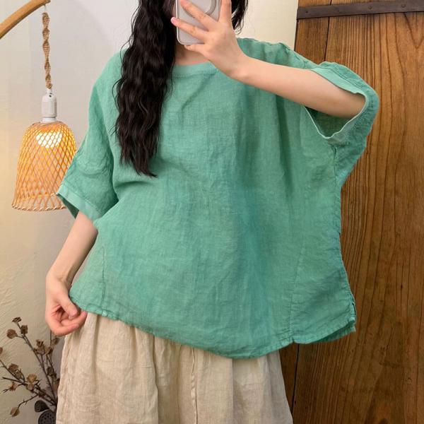 Casual 100% Linen Half Sleeve Round Neck Solid Color Thistle Pink Light Green Cyan Emerald Yellow White comfy tropical hawaiian oversized slouchy lazy day