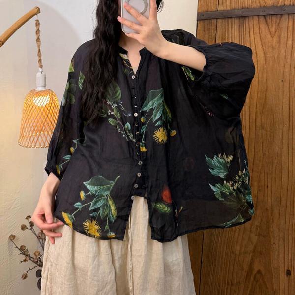 Casual 100% Ramie 3/4 Sleeve Round Neck Printed Black Dark Coffee Green comfy tropical hawaiian bohemian oversized slouchy lazy day travel resort