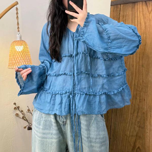Elegant 100% Ramie Long Sleeve V-Neck Solid Color Light Blue Yellow Cyan Grapefruit Pink comfy tropical normcore resort travel brunch winery oversized slouchy lazy day