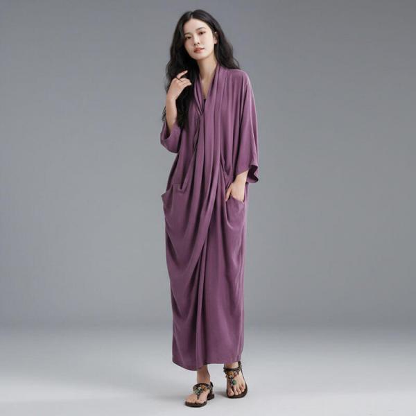 Elegant Cuprammonium Rayon Half Sleeve V-Neck Solid Color Grape Khaki Black White comfy muslim resort travel abaya winery lightweight