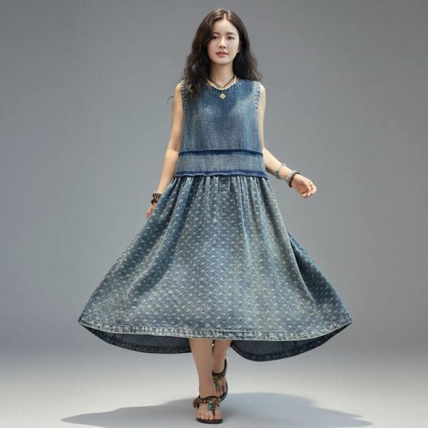 Elegant 100% Cotton Sleeveless Round Neck Bicolor Blue comfy oversized lazy day travel resort western Solid Color Denim