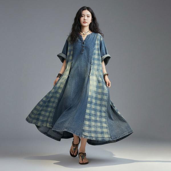Casual 100% Cotton Half Sleeve Round Neck Plaid Denim Blue comfy western tropical hawaiian oversized lazy day