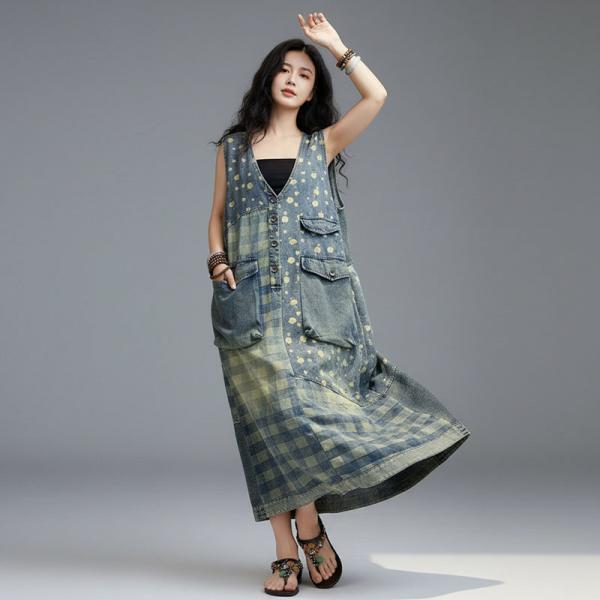Casual 100% Cotton Sleeveless V-Neck Plaid Denim Blue comfy petite western oversized slouchy lazy day