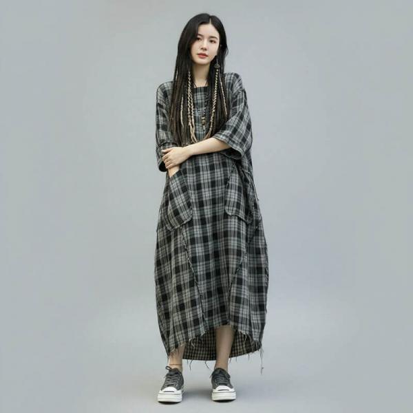 Casual 45% Cotton+55% Linen Half Sleeve Round Neck Plaid Black Yellow comfy tropical hawaiian resort oversized slouchy lazy day ulzzang travel