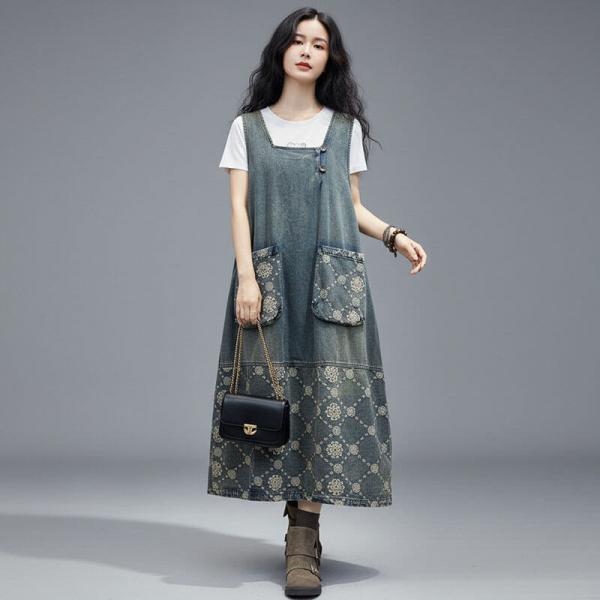 Street 100% Cotton Sleeveless Square Collar Solid Color Denim Blue comfy tropical hawaiian resort travel lazy day