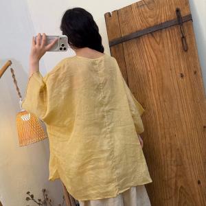 Embroidered Collar Plain Ramie Tunic Blouse