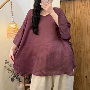 Embroidered Collar Plain Ramie Tunic Blouse