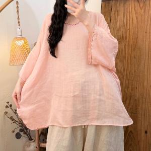 Embroidered Collar Plain Ramie Tunic Blouse