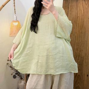 Embroidered Collar Plain Ramie Tunic Blouse