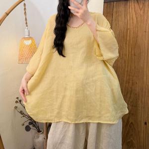 Embroidered Collar Plain Ramie Tunic Blouse