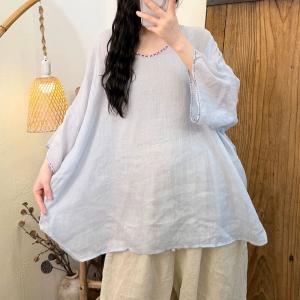 Embroidered Collar Plain Ramie Tunic Blouse