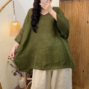 Embroidered Collar Plain Ramie Tunic Blouse
