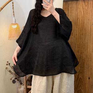 Embroidered Collar Plain Ramie Tunic Blouse
