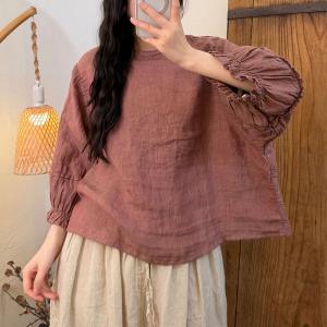 Solid Colors Summer Linen Puff Sleeves Blouse