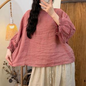 Solid Colors Summer Linen Puff Sleeves Blouse