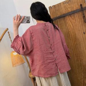 Solid Colors Summer Linen Puff Sleeves Blouse