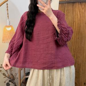 Solid Colors Summer Linen Puff Sleeves Blouse