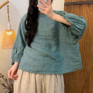 Solid Colors Summer Linen Puff Sleeves Blouse
