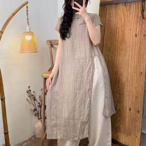 Mandarin Collar Ramie Front Slit Tunic Dress