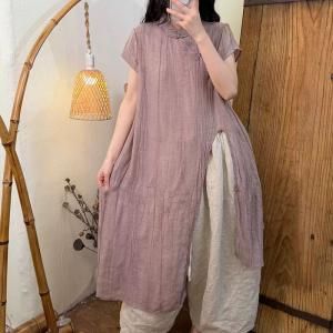 Mandarin Collar Ramie Front Slit Tunic Dress